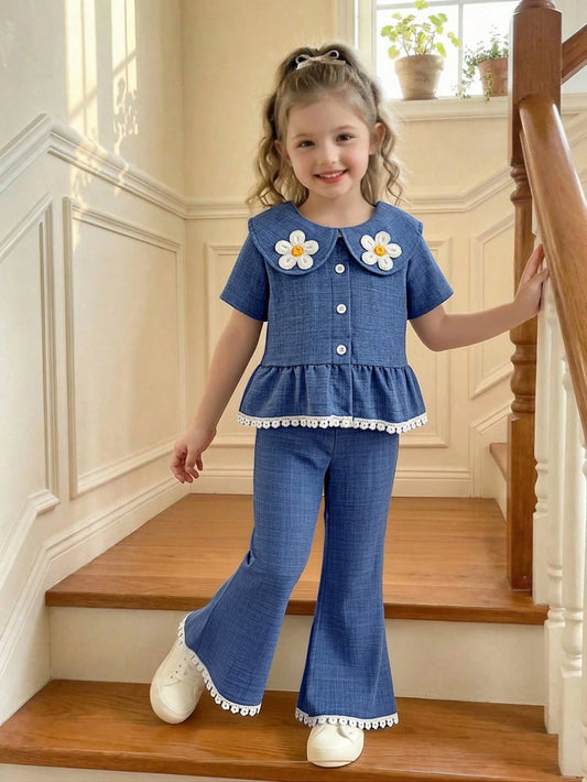 Mummy & Mee, Young Girls' Fresh Floral Print Blue 2-Piece Set, Featuring Soft Fabric