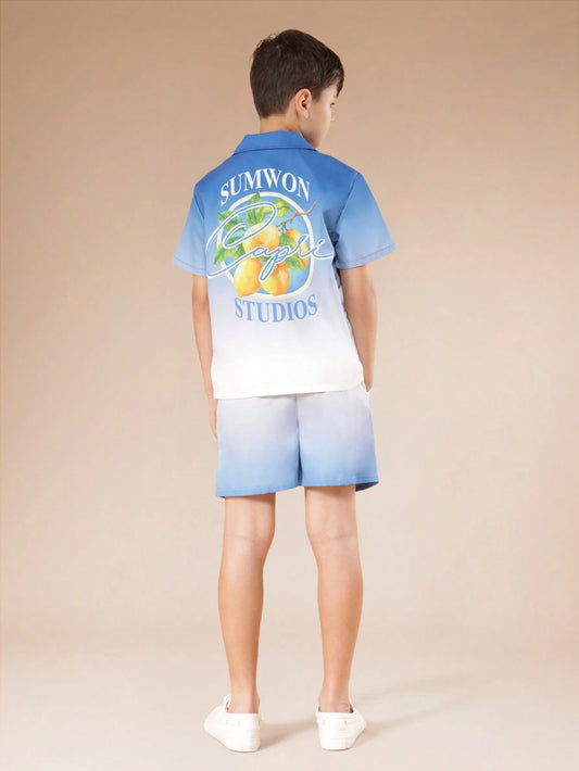 Mummy & Mee, SUMWON Tween Boys Summer Vacation Ombre Blue Gradient Collar Button Down Shirt And Matching Shorts