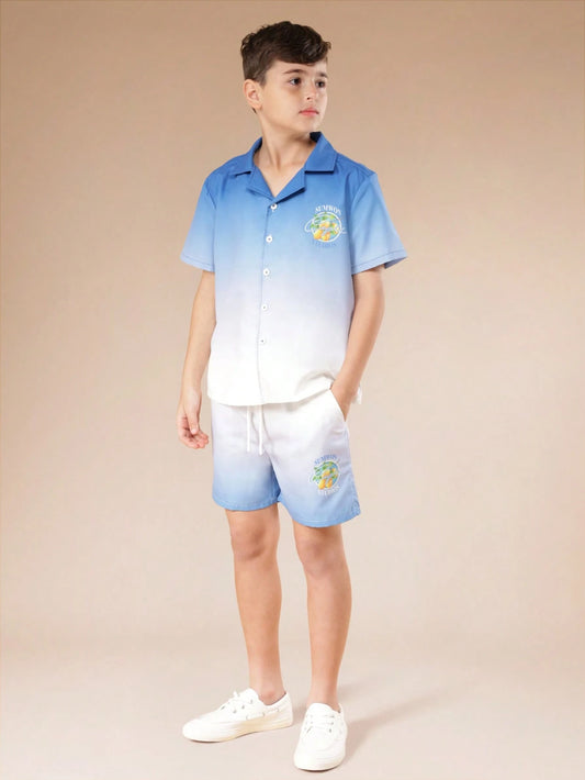 Mummy & Mee, SUMWON Tween Boys Summer Vacation Ombre Blue Gradient Collar Button Down Shirt And Matching Shorts