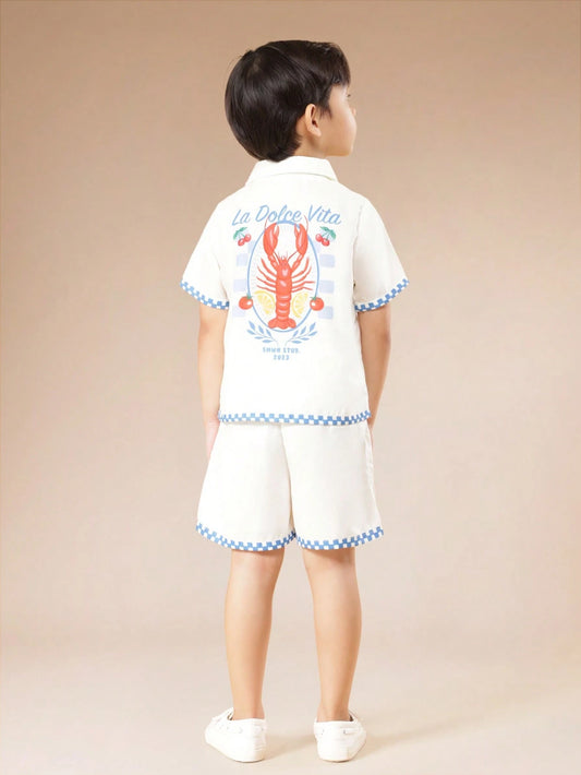 Mummy & Mee, SUMWON Boys Summer La Dolce Vita Lobster Graphic Shirt And Shorts Checkered Trim Set