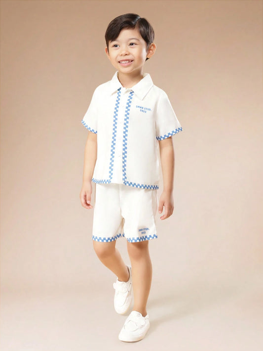 Mummy & Mee, SUMWON Boys Summer La Dolce Vita Lobster Graphic Shirt And Shorts Checkered Trim Set