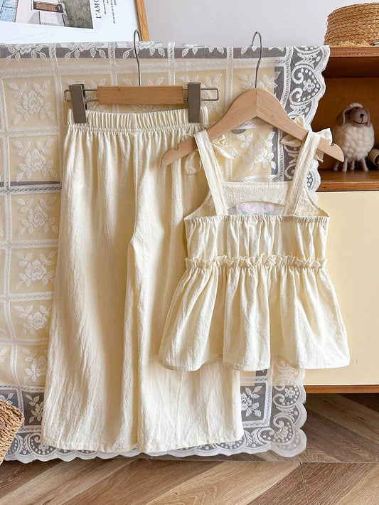 Mummy & Mee, Genkimix Kids Girls Casual Countryside Style Embroidered Camisole Top With Bow Decor And Loose Straight Leg Pants Set