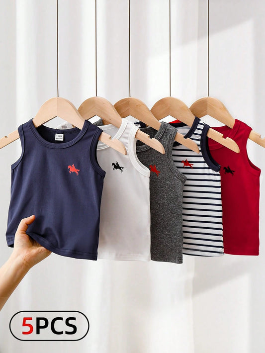 Mummy & Mee, Playful Pals 5pcs/Set Casual White Knit Sleeveless Vest Top, Suitable As Undershirt