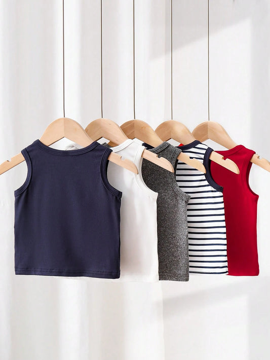 Mummy & Mee, Playful Pals 5pcs/Set Casual White Knit Sleeveless Vest Top, Suitable As Undershirt