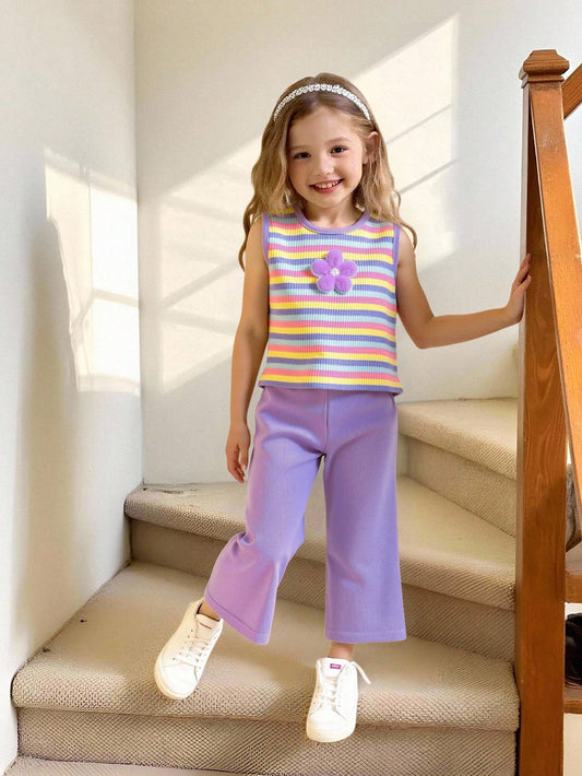 Mummy & Mee, 2pcs Young Girl Casual Knitted Beige Top/Tank And Khaki Pants, Children Daily Comfortable Summer Outfit Mauve Purple