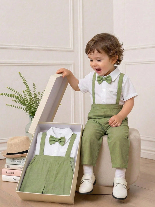 Mummy & Mee, 2pcs Baby Boy Summer Cute Versatile Short Sleeve Shirt, Suspender Pants Gentleman Outfit Set