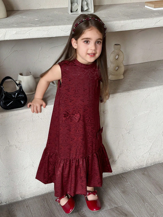 Mummy & Mee, DAZY Young Girl Mandarin Collar Bow Decor Ruffle Casual Party Dress