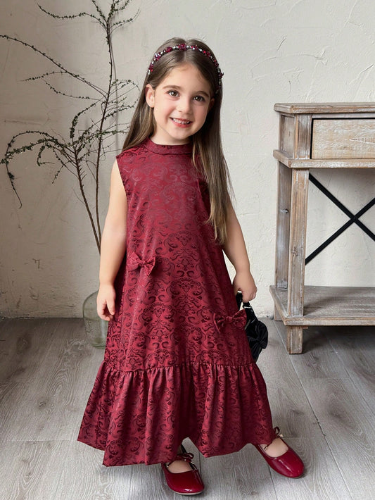 Mummy & Mee, DAZY Young Girl Mandarin Collar Bow Decor Ruffle Casual Party Dress