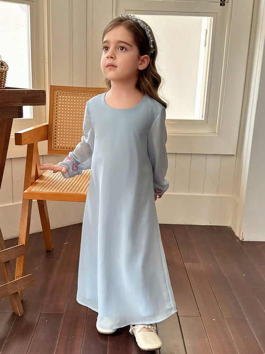 Mummy & Mee, Dazy Kids Young Girl Heart Embroidery Round Neck Long Sleeve Loose Dress With Veil