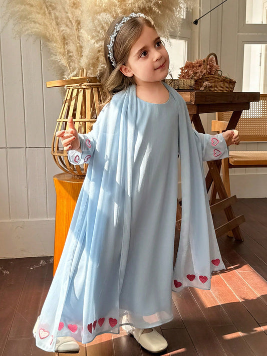 Mummy & Mee, Dazy Kids Young Girl Heart Embroidery Round Neck Long Sleeve Loose Dress With Veil Blue