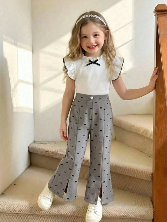 Mummy & Mee, Elladie kids 2pcs-Set Girls Butterfly Decor Frill Trim Contrast Color Cap Sleeve Knit Top And Butterfly Pattern Split Flare Pants Fashion Outfit