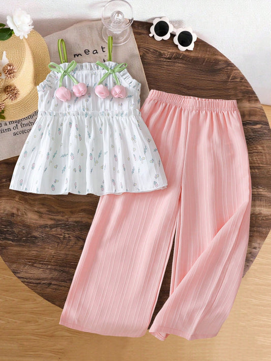 Mummy & Mee, Genkimix Kids 2pcs Genkimix Girls Floral 3D Decor Cami Top + Solid Color Straight Leg Pants, Casual & Fashionable