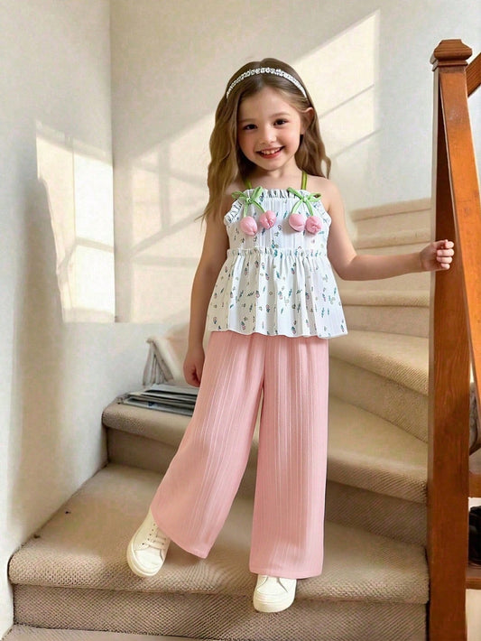 Mummy & Mee, Genkimix Kids 2pcs Genkimix Girls Floral 3D Decor Cami Top + Solid Color Straight Leg Pants, Casual & Fashionable