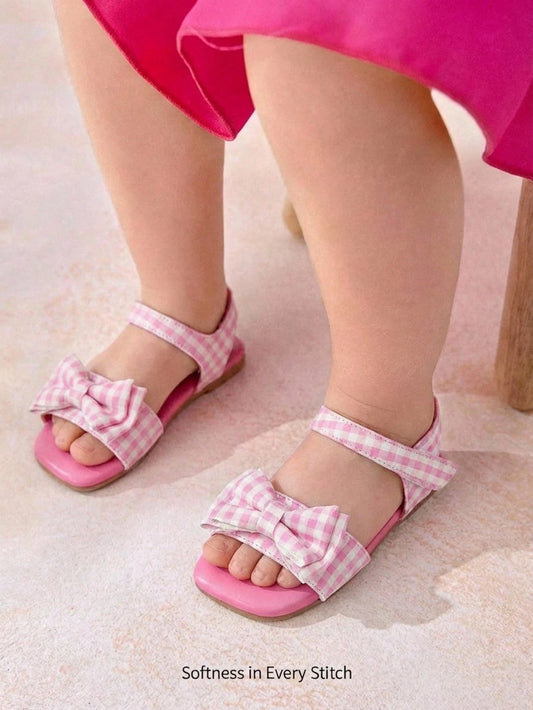 Mummy & Mee, Cozy Pixies A Pair Of Girls' Pink And White Plaid Bow Summer Open-Toed Sandals