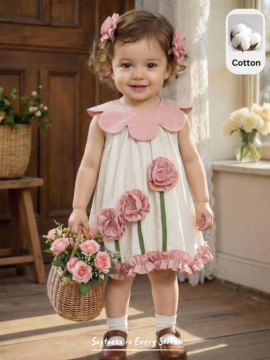 Mummy & Mee, Cozy Pixies Baby Girl Colorblock Floral Applique Sleeveless Dress
