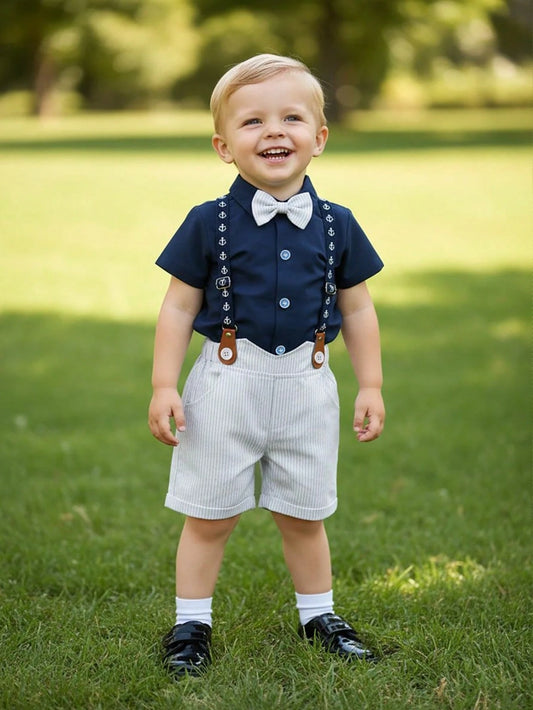Mummy & Mee, BOARNSEORL 2pcs Young Boys Gentleman Outfit - Navy Blue Short Sleeve Shirt With Bow Tie