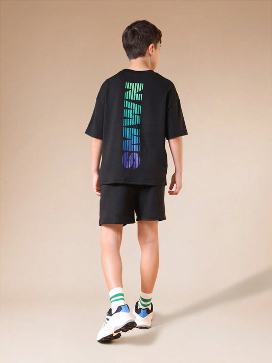 Mummy & Mee, SUMWON Boys Oversized Black T-Shirt And Shorts Co-Ord Set With Gradient Blue Green Text