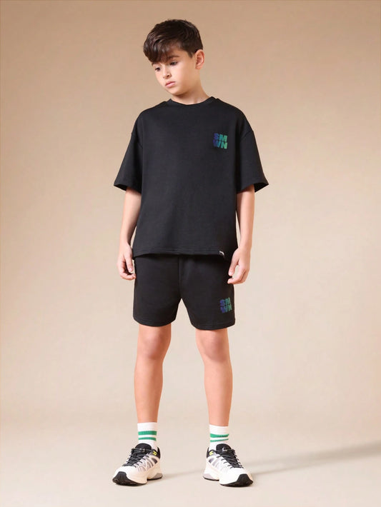 Mummy & Mee, SUMWON Boys Oversized Black T-Shirt And Shorts Co-Ord Set With Gradient Blue Green Text