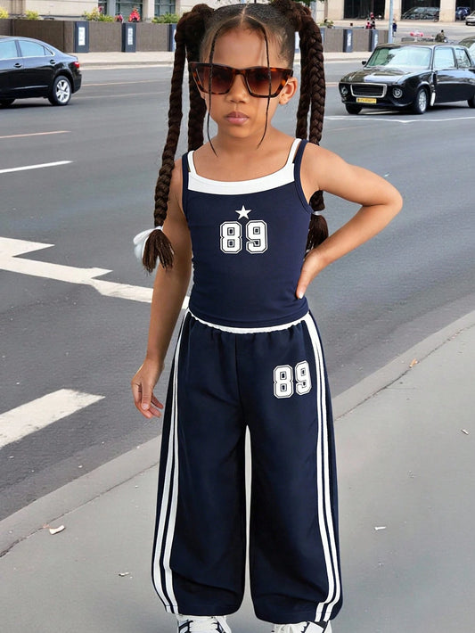 Mummy & Mee, Elladie kids Young Girls Cute Asymmetrical Hem Design & Bow Print Casual Pants Set Young Girl Two Piece (Copy)