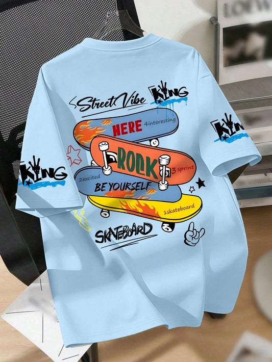 Teenage Boy Skateboard Print Round Neck T-Shirt