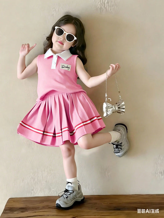 Mummy & Mee, Elladie kids 2Pcs Girls School Style Polo Collar Sleeveless Knit T-Shirt Top And Pleated Skirt Set