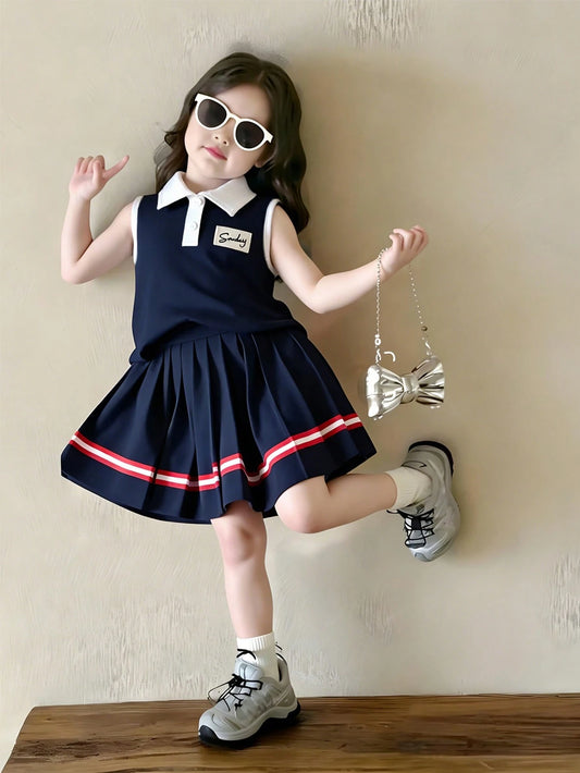 Mummy & Mee, Elladie kids 2Pcs Girls School Style Polo Collar Sleeveless Knit T-Shirt Top And Pleated Skirt Set