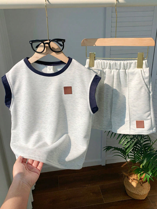 Mummy & Mee, 2pcs Kids Boy Casual Colorblock Crew Neck Pullover T-Shirt And Shorts