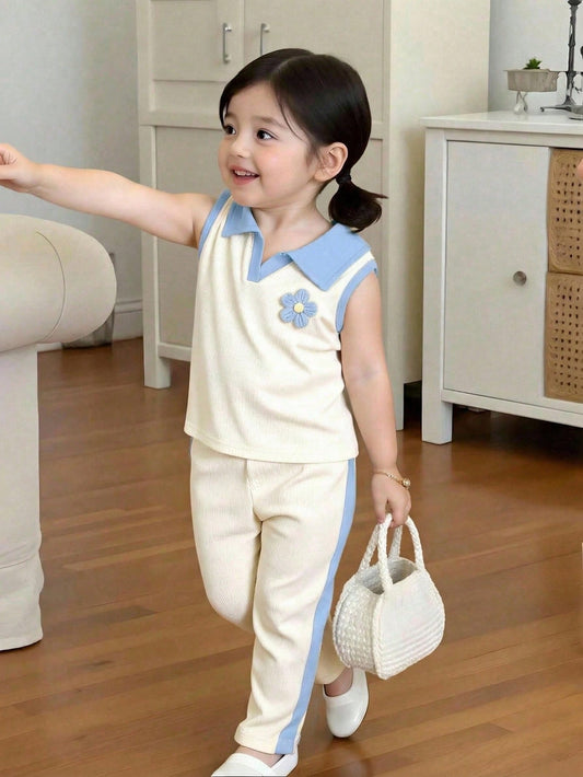 Mummy & Mee, Casuvi Kids Girls Everyday Casual Beige Ribbed Camisole Top With Collar And Long Pants Co-Ords Blue