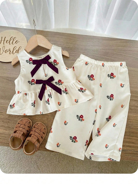Mummy & Mee, Babygirl Elegant Floral Print Apricot Bow Decor Camisole & Pants Set