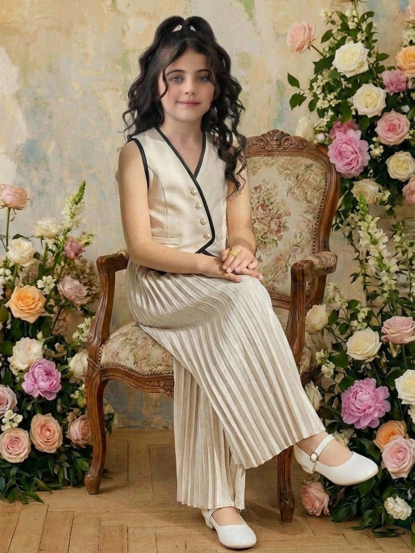 Tween Girl Colorblock Button-Front Top And Pleated Wide-Leg Pants Set
