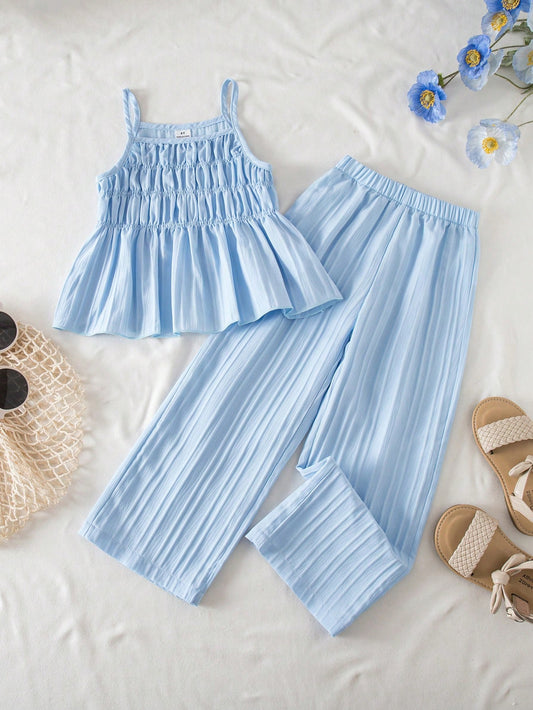 Mummy & Mee, Young Girl Summer Solid Color Ruffle Trim Camisole And Pants
