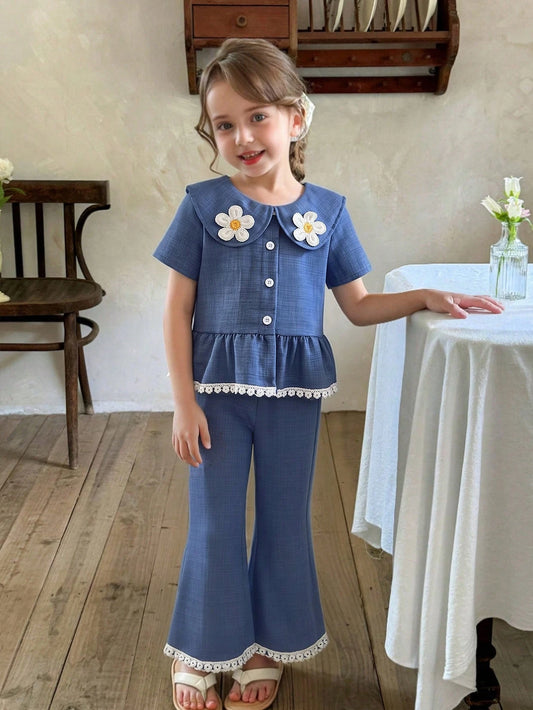 Mummy & Mee, Young Girls' Fresh Floral Print Blue 2-Piece Set, Featuring Soft Fabric