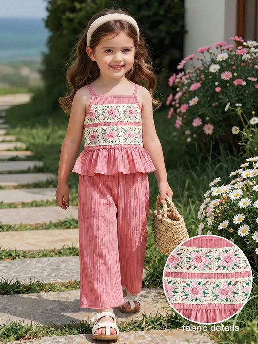 Mummy & Mee, Elladie kids Girls' Casual Resort 3D Floral Crochet Lace Trim Ruffle Camisole Top Paired With Elastic Waist Trousers Pink