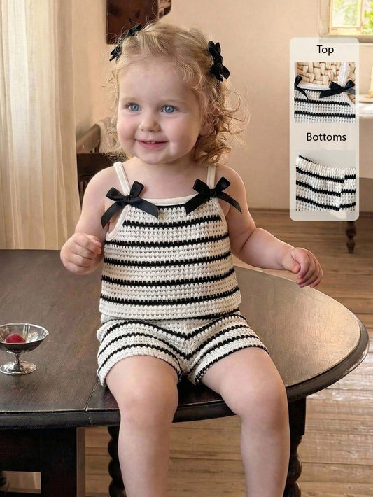 Mummy & Mee, Playful Pals 2pcs Baby Girls Sleeveless Striped Knit Jacquard Camisole Top + Elastic Waist Shorts
