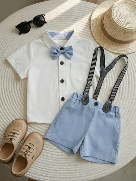 Mummy & Mee, 2pcs Baby Boy Gentleman Style Set: White Knit Collar Short Sleeve Shirt With Pocket & Bowknot