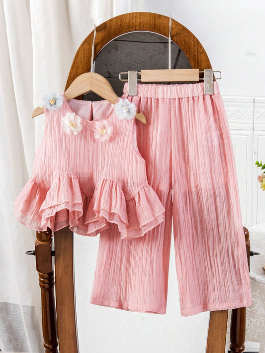 Mummy & Mee, 2pcs/Set Young Girl' Cute Sweet Jacquard Floral Ruffle Trim Round Neck Camisole Top And Wide Leg Pants Pink