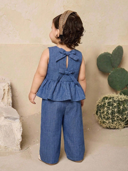 Mummy & Mee, Babygirl Elegant Floral Print Apricot Bow Decor Camisole & Pants Set