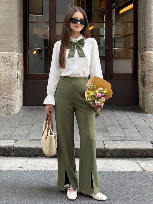 2pcs/Set Girls Colorblock Bow Decor Long Sleeve Top And Pants
