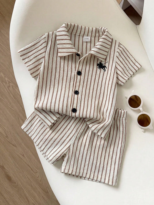 Baby Boy Blue Striped Collared Shirt And Shorts Set