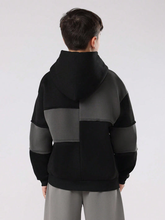 Colorblock Hooded Sweatshirt With Centre Pocket For Kids