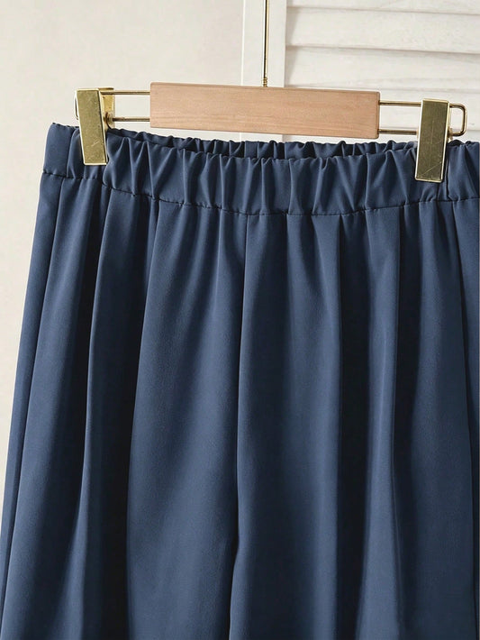 Preppy 3 Pieces Set, Blue And White Pinstripe Collared Long Sleeve Shirt, Paired With Navy Blue Cross Double-Button Waist-Cinching Vest, Matching Elastic Waist Drapey Wide Leg Pants. Smooth And Crisp Fabric, Tailored To Flatter The Figure