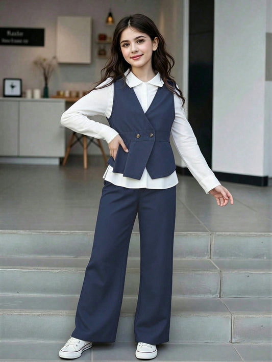 Preppy 3 Pieces Set, Blue And White Pinstripe Collared Long Sleeve Shirt, Paired With Navy Blue Cross Double-Button Waist-Cinching Vest, Matching Elastic Waist Drapey Wide Leg Pants. Smooth And Crisp Fabric, Tailored To Flatter The Figure