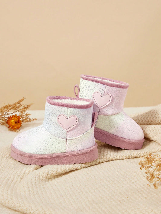 Girls Pink Gradient Glitter Love Winter Snow Boots | Fashion Sweet Warm Fur Lining