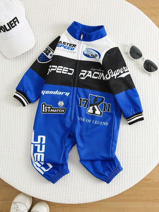 Newborn Baby Boy Autumn/Winter Sport Casual Colorblock Blue Letter Print Pattern