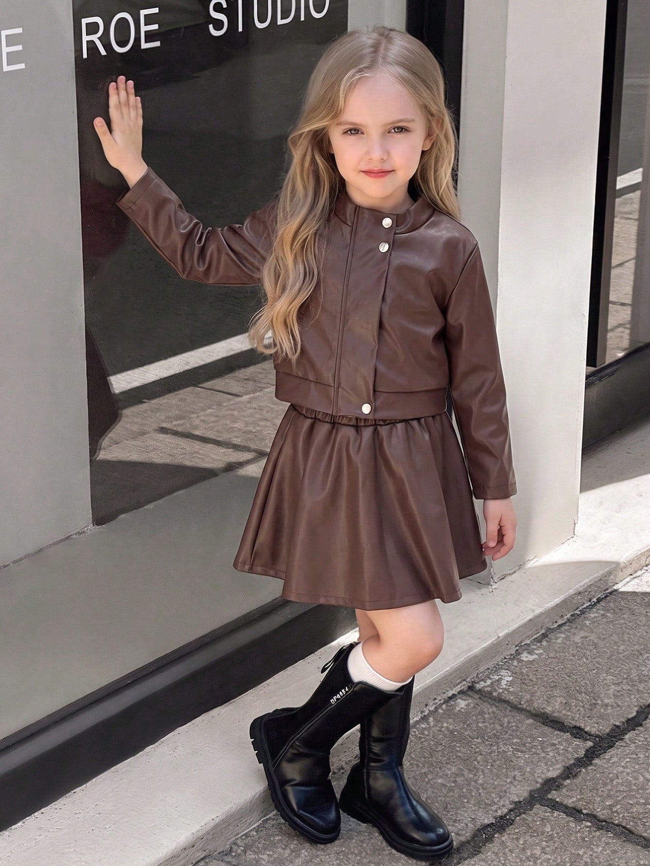 Solid Color PU Leather Button & Zipper Jacket With PU Leather Skirt