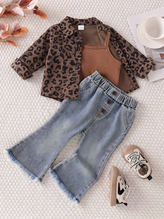 Toddler Girl Shirt Cami Flared Jeans Cute Brown Leopard Print Raw
