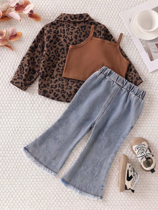 Toddler Girl Shirt Cami Flared Jeans Cute Brown Leopard Print Raw