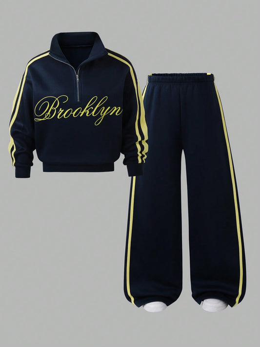 Girls (Big) Sweatshirt Set, Navy Blue With Bright Yellow Stripes