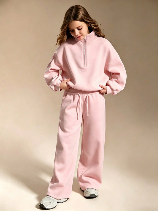 Teen Girls Half-Zip Loose Hoodie & Casual Sweatpants Set