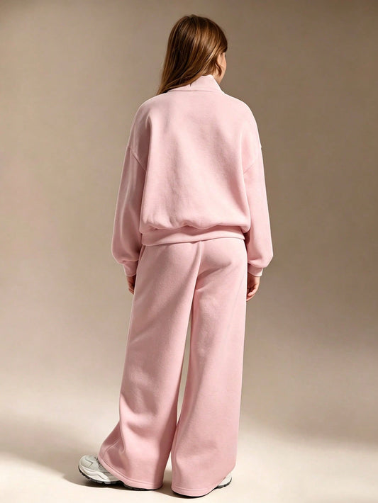 Teen Girls Half-Zip Loose Hoodie & Casual Sweatpants Set